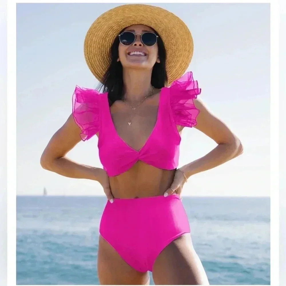SPORLIKE High Waisted Swimsuit Organza Ruffle Bikini Twist Front Bathing Suit